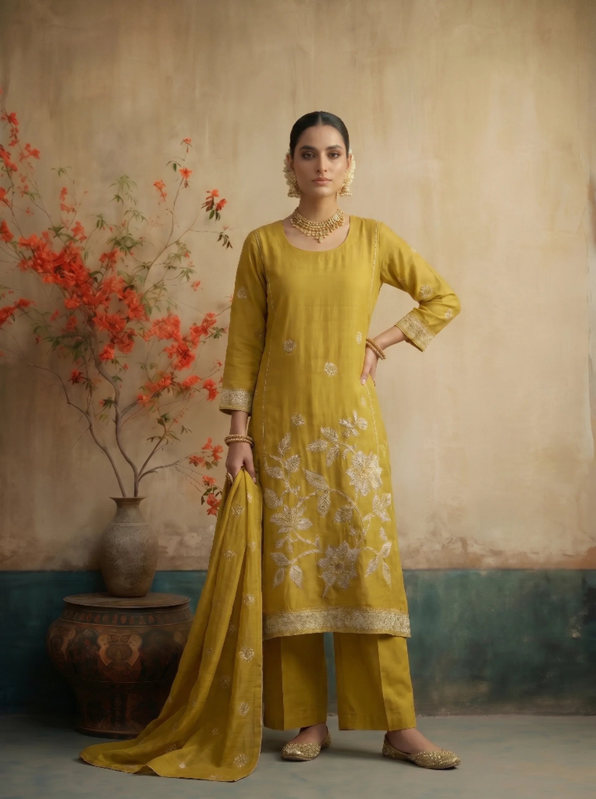 MUSTARD GOLD EMBROIDED FESTIVE SUIT