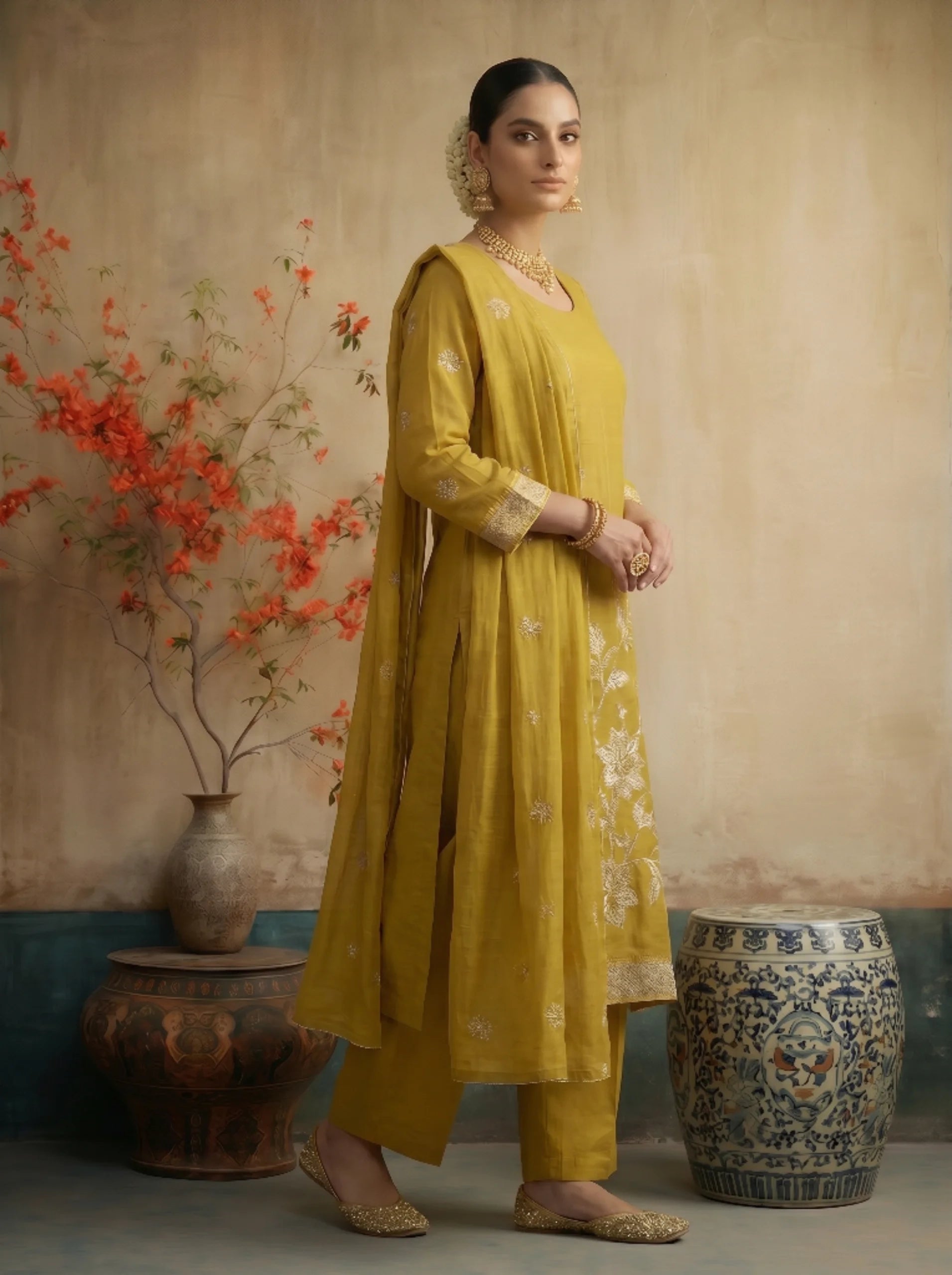MUSTARD GOLD EMBROIDED FESTIVE SUIT