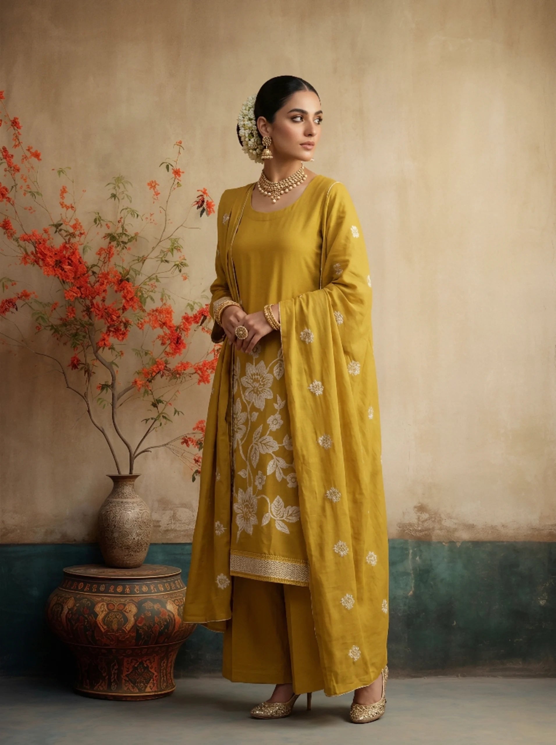 MUSTARD GOLD EMBROIDED FESTIVE SUIT