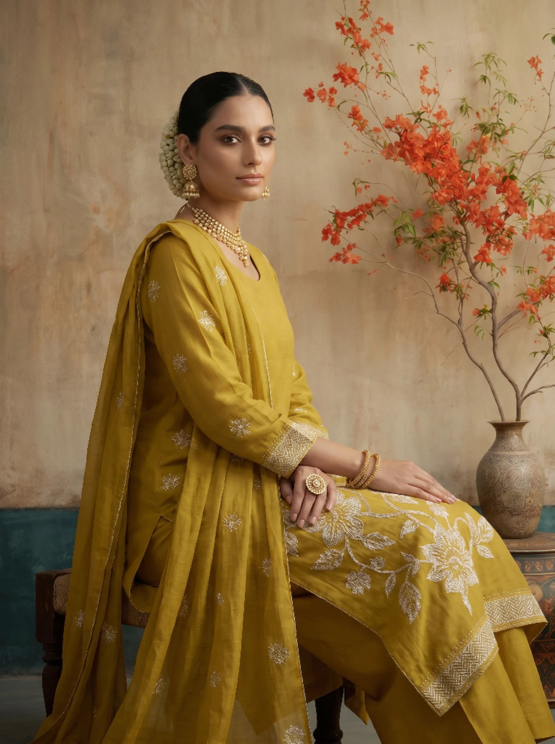MUSTARD GOLD EMBROIDED FESTIVE SUIT