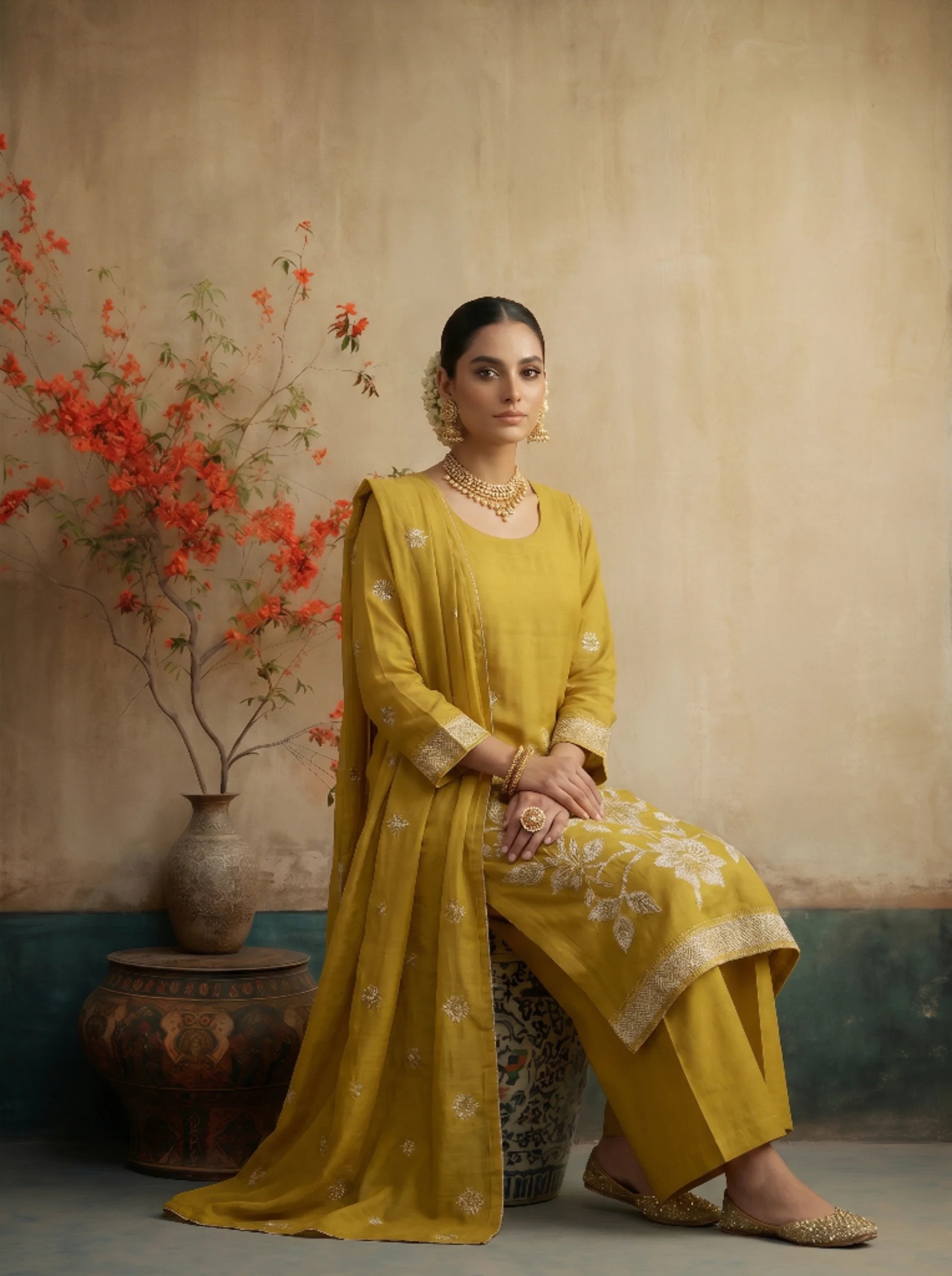 MUSTARD GOLD EMBROIDED FESTIVE SUIT