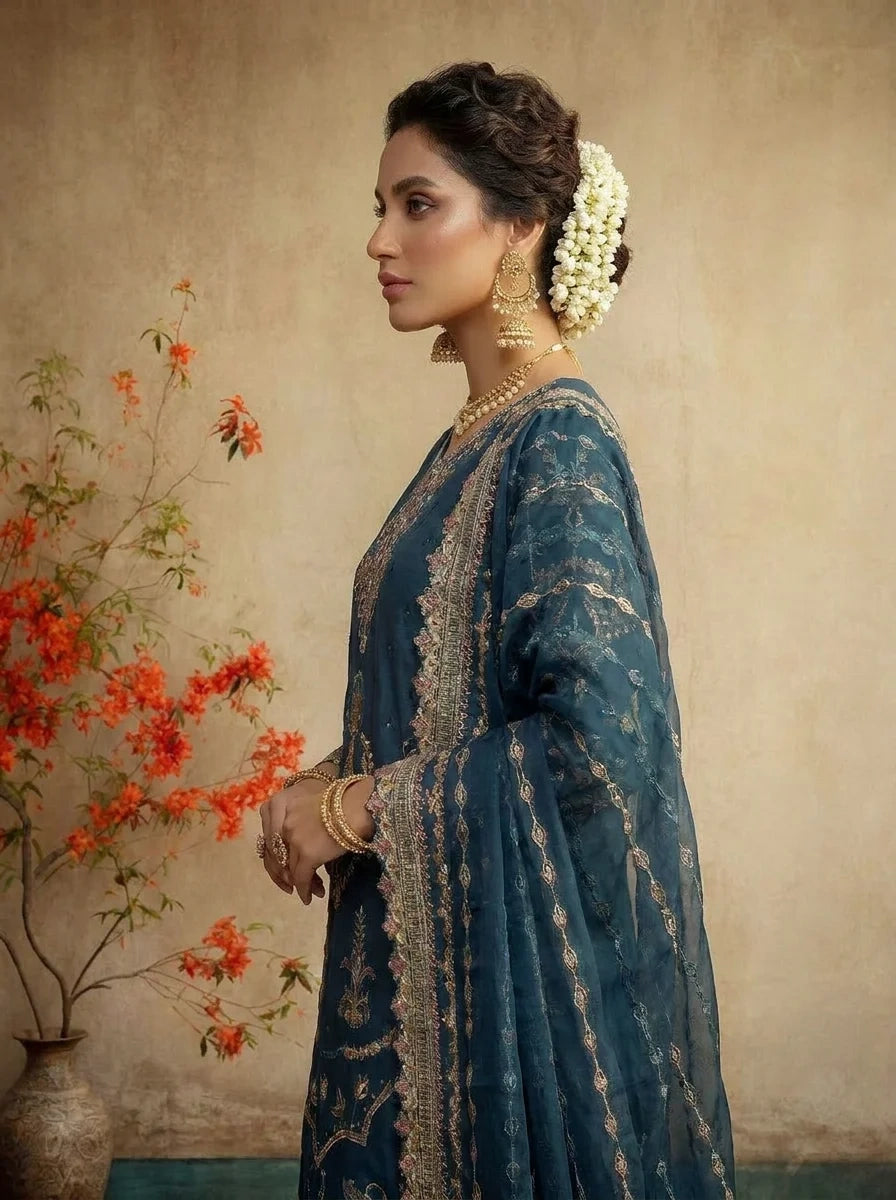 MIDNIGHT TEAL LUXURY EMBROIDED ENSEMBLE