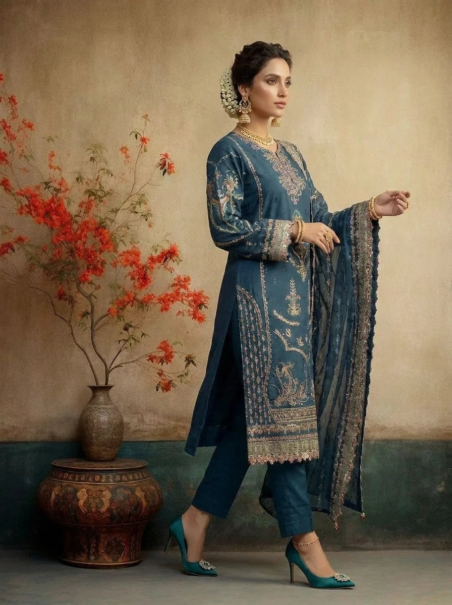 MIDNIGHT TEAL LUXURY EMBROIDED ENSEMBLE