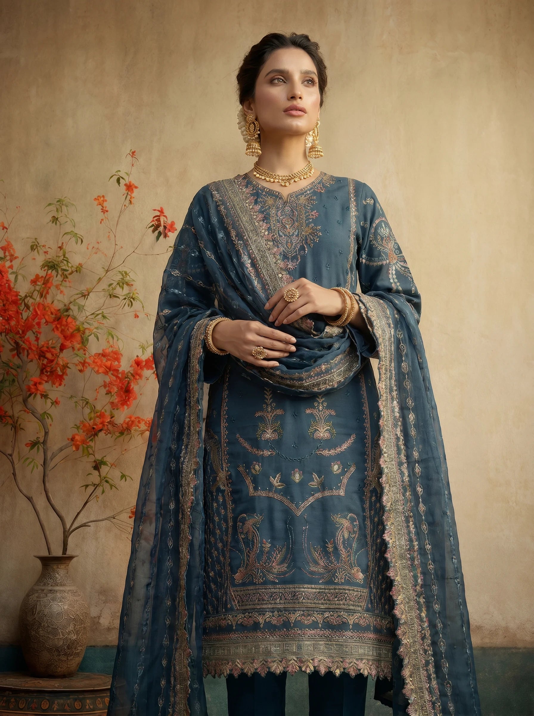 MIDNIGHT TEAL LUXURY EMBROIDED ENSEMBLE