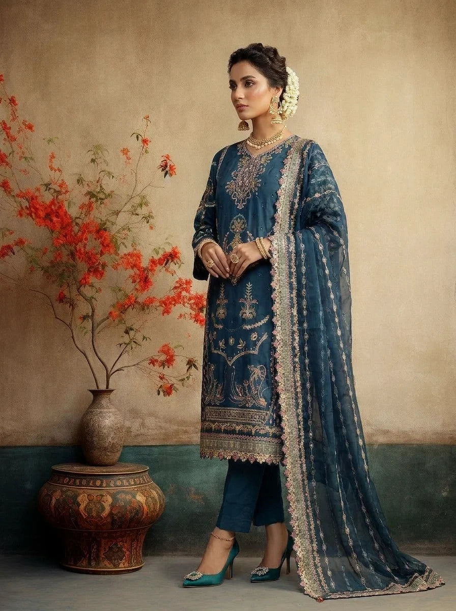 MIDNIGHT TEAL LUXURY EMBROIDED ENSEMBLE